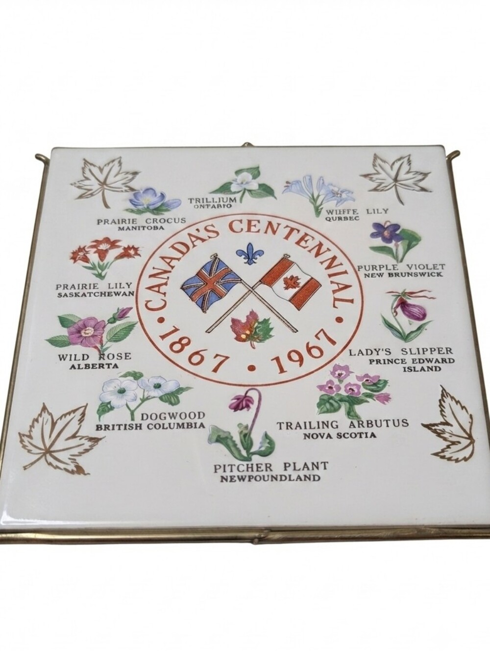 1967 Canada Centennial Commemorative Ceramic Trivet w/ Flags & Provincial Flower